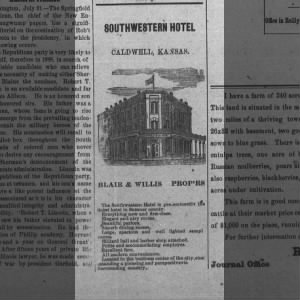Southwestern Hotel ad, The Daily Journal, Caldwell, KS, 22 Jul 1887