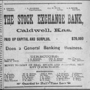 Stock Exchange Bank ad, The Daily Journal, Caldwell, KS, 22 July 1887
