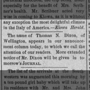 Thomas N. Dixon, The Daily Journal, Caldwell, KS, 22 July 1887