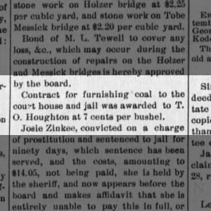 1896- TO Houghton to furnish coal to courthouse and jail @ 7 cents per bushel