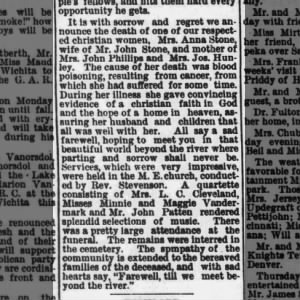 Ann Stone Obituary Topeka Mail August 19, 1892