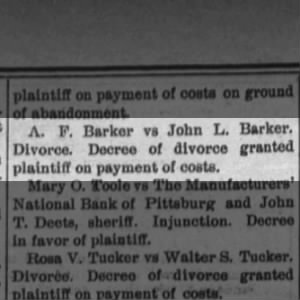 Divorce of Alida and John Barker granted.