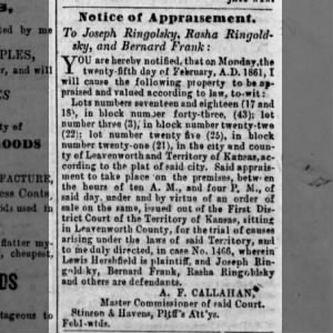 NOTICE OF APPRAISEMENT. TO JOS. RINGOLSKY, RASHA RINGOLSKY & "BERNARD FRANK." 25th FEB. 1861.