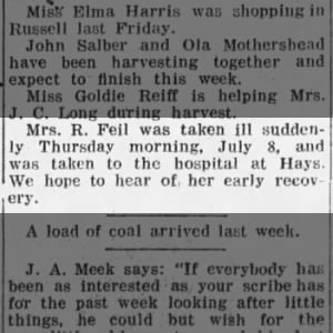 Mrs. R. Feil sudden illness -Paradise, Kansas · Monday, July 12, 1920