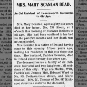 Newspaper obituary Mrs Mary Scanlan who died 10 Jan 1901 at Leavenworth, Kansas 