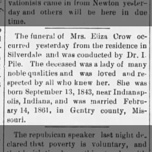 Crow, Eliza Brown - obit Evening Dispatch, Arkansas City, KS, FR 17 Oct 1890, p3