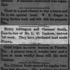 Clarence Smith and Henry Addington-SIL of LG Lapham purchase land south of town-Cheney KS 5-Apr-1884