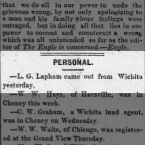 LG Lapham of Wichita visiting Cheney - KS 21-Feb-1885