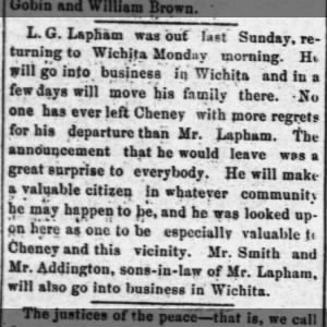 LG Lapham moving from Cheney to Wichita -Henry Addington-Clarence Smith families joining 21-Feb-1885