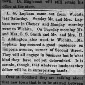 LG Lapham-Clarence Smith-Henry Addington new business in Wichita TBD 28-Feb-1885
