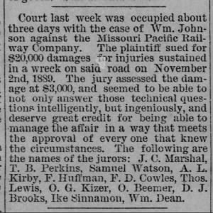 Wm. Johnson sues MOP for injuries from 02 Nov 1889 train wreck.