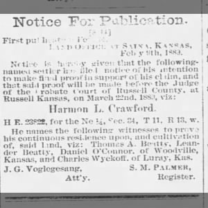 Daniel in Woodville, Russell County, KS, February 1889.
