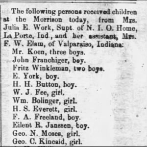 Publication of names of families who received orphans during this trip