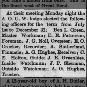 Ben L. Green Elected Master Workman of The A. O. U. W. Lodge June 06, 1889