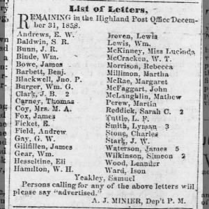 Samuel Yeakley on list of letters not picked up at Highland - Weekly Highlander 01 Jan 1859 pg. 3