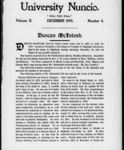 Page 1, Duncan McIntosh obituary, Highland University Nuncio, Dec. 1, 1898