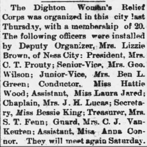Mrs. Ben L. Green Junior Vice Dighton Woman's Relief Corps  April 17, 1890