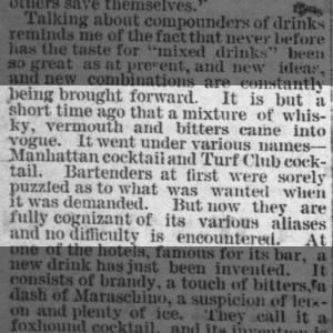 Earliest mention of the Manhattan Cocktail I can find