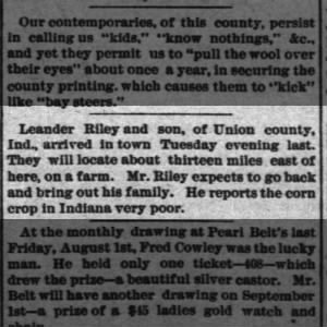 1884 08 08 Leander Riley moves to Kansas
