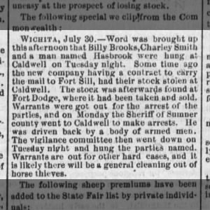 Billy Brooks, Charley Smith, and Hasbrouck, Kansas Tribune, 6 Aug 1874