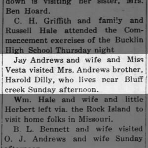Eva Mildred (Dilly) Andrews visited her brother, Harold Dilly