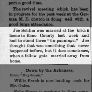 Joe Schlim gets married in Reno County, KS 1896