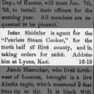 Isaac Shideler News Note (28 Dec 1892)