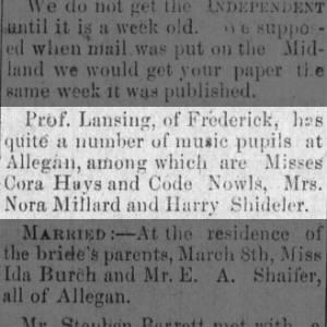 Harry Shideler News Note (15 Mar 1888)
