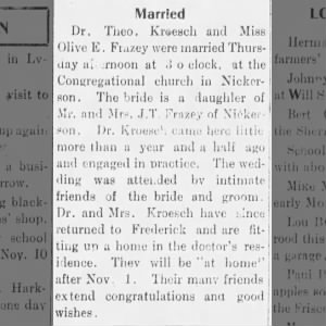 Married: Theodore Kroesch and Olive E. Frazey