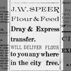 Advertisement for JW  Speer Flour/Feed and Dray Services