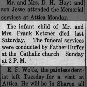 Infant Ketzner died (28 May 1910).