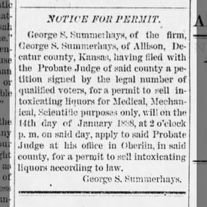 1887.12.16 Allison KS Geo summerhays liquor permit
