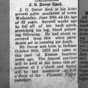 Obituary for J. 0 . Dover