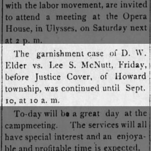 D.W. Elder vs. Lee S. McNutt continued to 10 September 1888