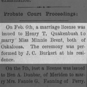 Marriage license for Quakenbush / Brent