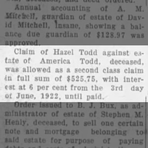 Hazel Todd Claim Against America Todd’s Estate
