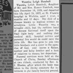 Obituary for Waunita Lelah Humbolt (Aged 1)