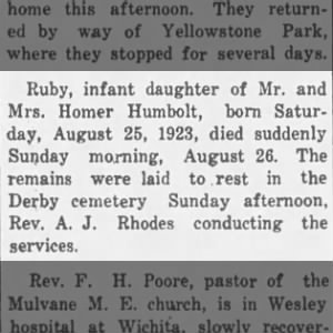 Obituary for Ruby Humbolt (Aged 1 day)