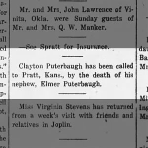1921 Feb 08 Clayton Puterbaugh goes to Pratt KS due to death of nephew Elmer Puterbaugh