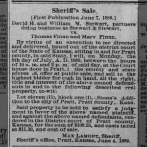 1889 Sheriff's Sale David H. and William M. Stewart vs. Thomas and Mary Finan