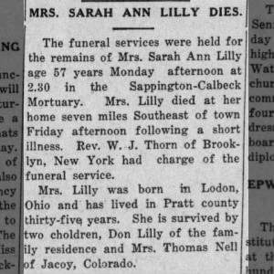 Obituary for SARAH ANN LILLY
