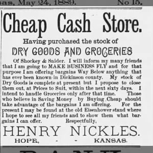 Henry Nickles dry goods & groceries 1889