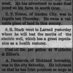 S.R. Black to Larned re health issues
Kansas 1890