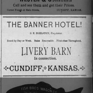 The Banner Hotel with livery barn ad, owned by J.E. Egelston.