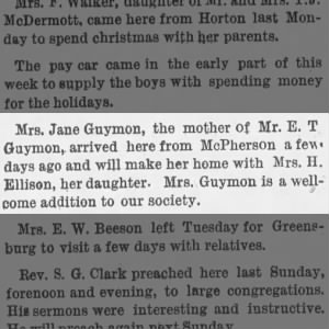 Jane (Grigsby) Guymon moves to Liberal, KS from McPherson to live with daughter, Irene Ellison