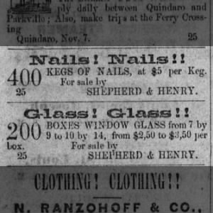 1857-11-07_Nails and Window Glass advertised for sale by Shepherd and Henry