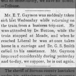 E. T. Guymon taken ill during return train trip, requiring treatment from Dr. Button in Meade 