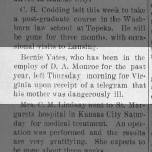 Bernie Yates mother is dangerously ill