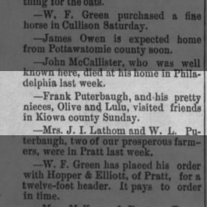 1892 Apr 21 Lula and Olive Puterbaugh visit uncle Frank Puterbaugh