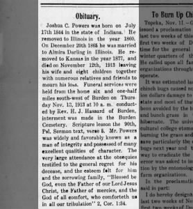 Powers, Joshua C  Official Obituary
The Burden Times  20 Nov 1913